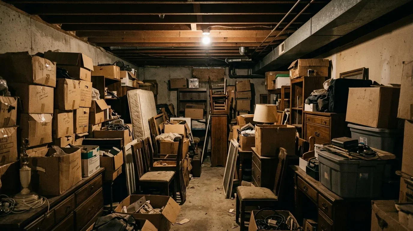 Before photo for Packed basement. Cleared in a day.