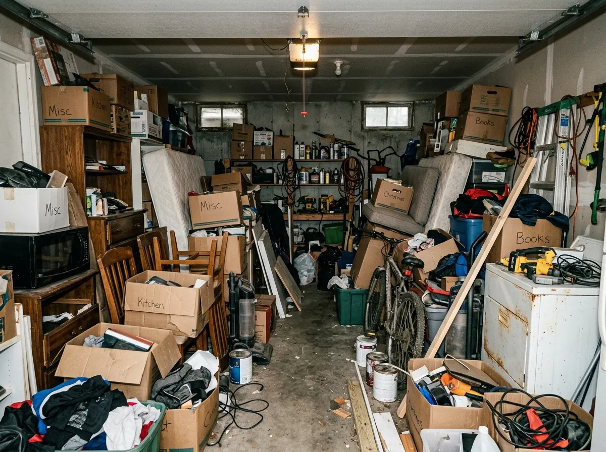 Cluttered garage before Hocus Pocus Junk Removal
