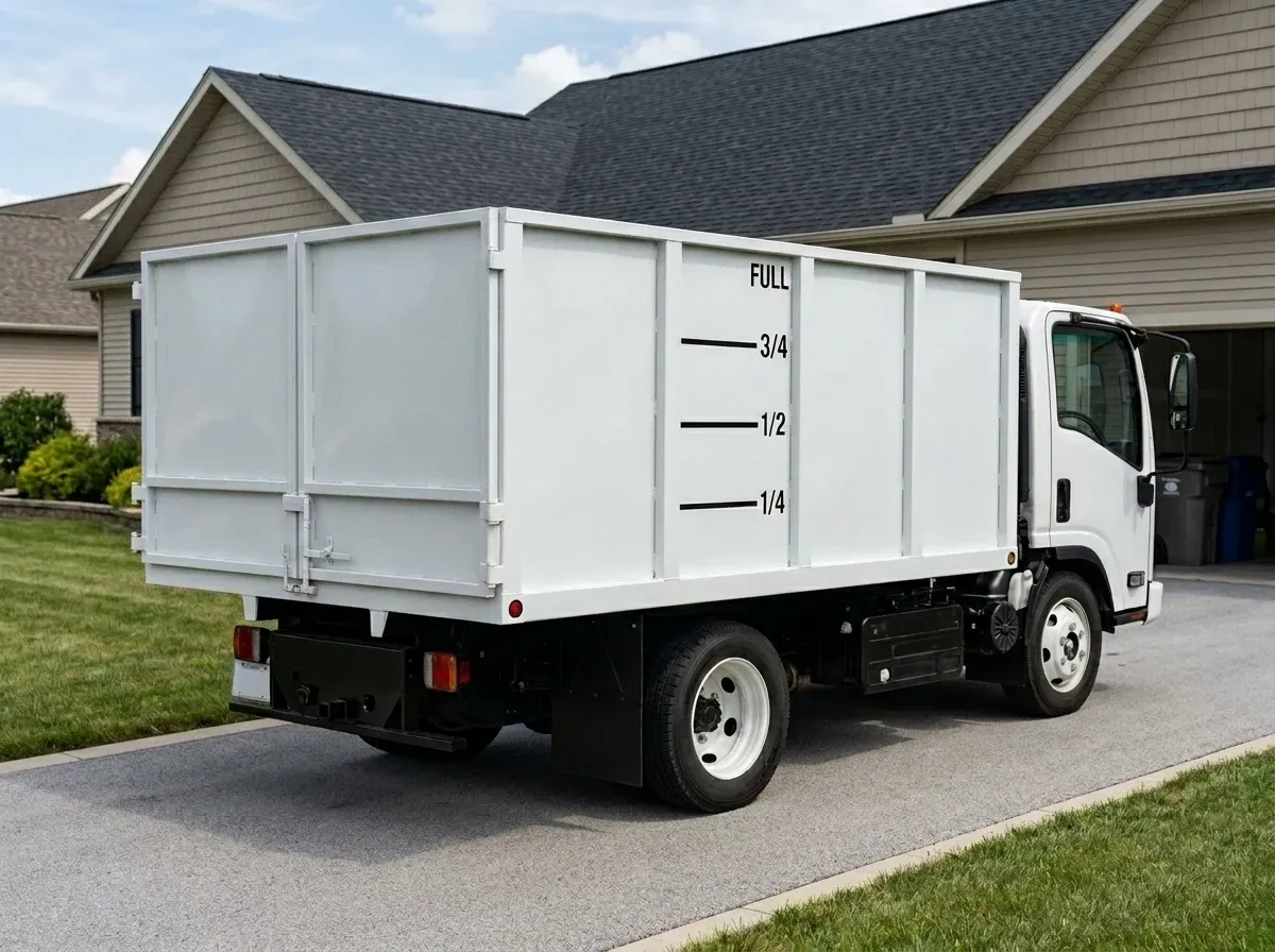 Hocus Pocus Junk Removal truck showing 1/4, 1/2, 3/4, and full load fill lines